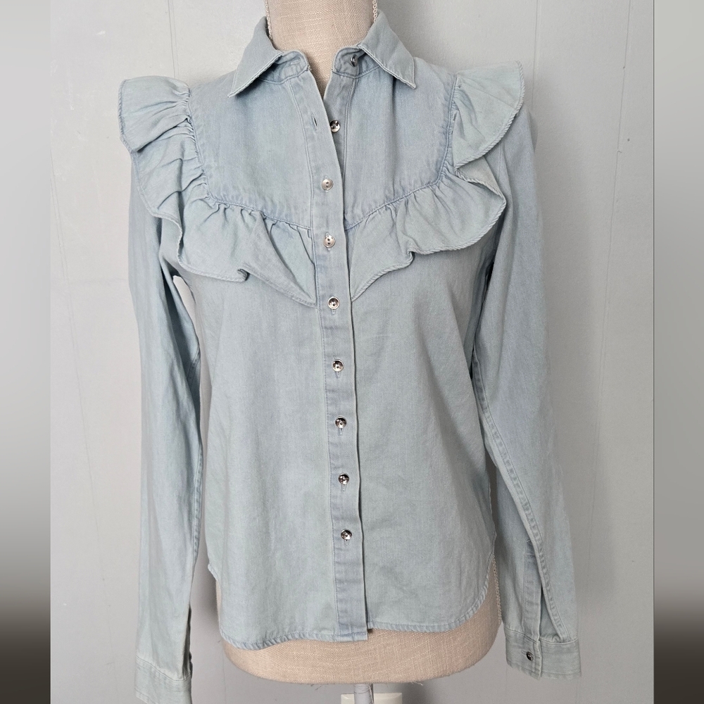 INTERMIX Light Blue Ruffled Button Down Shirt